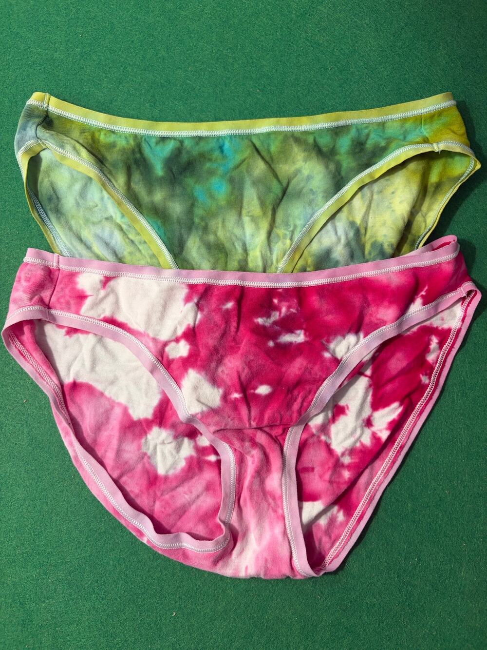 handmade tie dyed ladies underpants panties two pairs M green pink